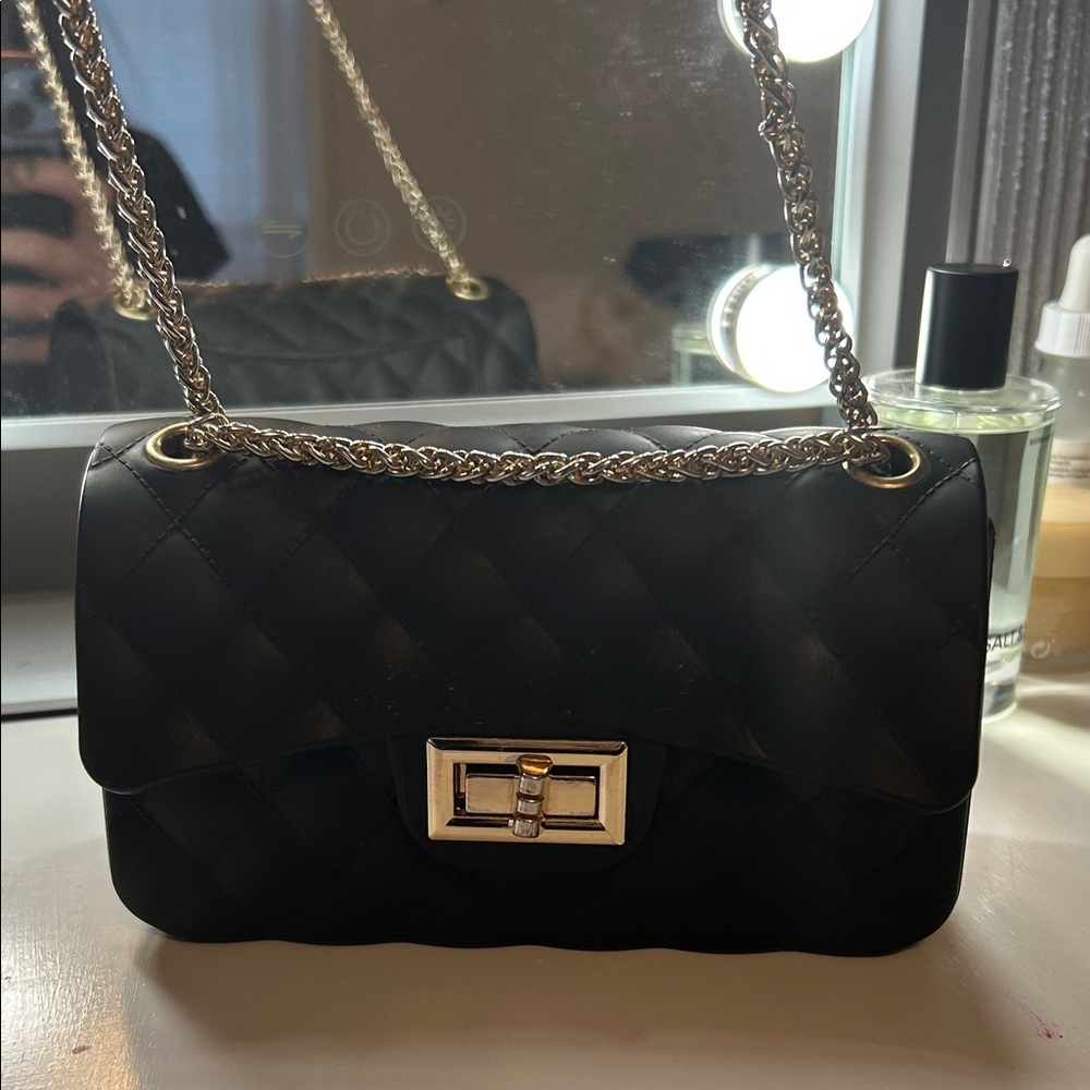 Black Rubber Quilted Chain Crossbody Bag